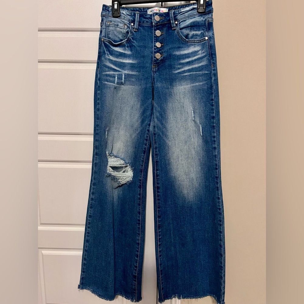Risen Shape of You Mid Rise Medium Wash Button Down Wide Leg Jeans